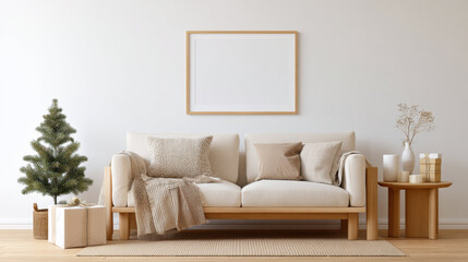 Naklejka premium Frame mockup for photo in cozy living room with neutral decor, soft cushions, wooden sofa, small pine tree, and wrapped gifts creating warm inviting atmosphere