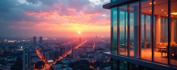 Glass tower, urban skyline, warm interior glow, lights, facade