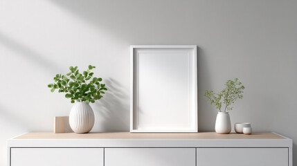 White frame mockup for photo display on modern cabinet with minimalist decor and natural light creating calm atmosphere in room interior