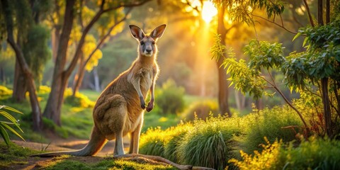 Golden Hour Kangaroo A Majestic Marsupial at Dawn in a Lush Woodland Habitat