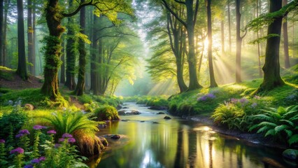 Serene Woodland Stream Basking in Golden Sunlight, Lush Greenery and Vibrant Flora Adorn the Banks