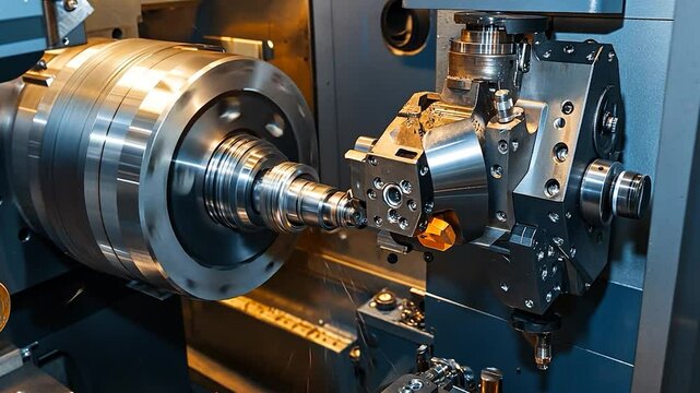 Industrial metal lathe machine in action, manufacturing precision parts