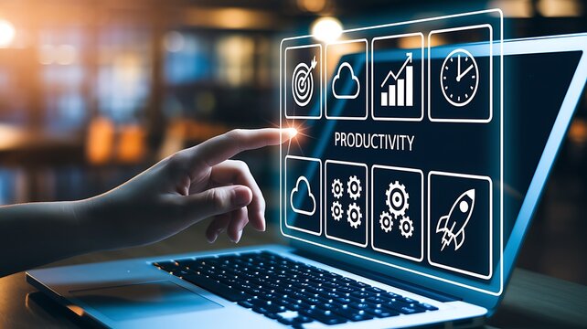 Process to increase productivity concept. Businessman use laptop with productivity icon for industrial management in efficiency and efficient process. Lean cost and productivity growth.