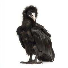 Black vulture chick, dark plumage, white face, standing against white background. Studio shot.