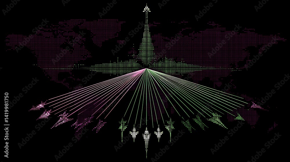 Poster abstract world map network connection with central tower and distributed arrows in cyberpunk style.