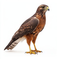 Obraz premium Brown hawk standing on white background. Studio shot of a bird of prey.
