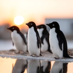 Obraz premium Adelie Penguins Standing Together at Sunset in Antarctica Coastal Scene Reflecting in Water.