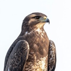Obraz premium Close up of a dark brown hawk against a white background. The hawk is looking to the right of the frame.