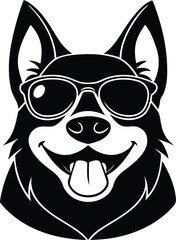 head of dog, angry dog illustration, vector illustration of a dog, sitting dog silhouette icon, black and white dog, dog head vector, funny sunglass wearing dog on white background.