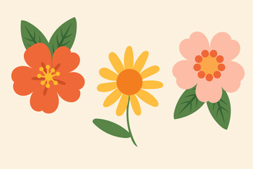 Set of cute flowers and leaves. Summer flowers.