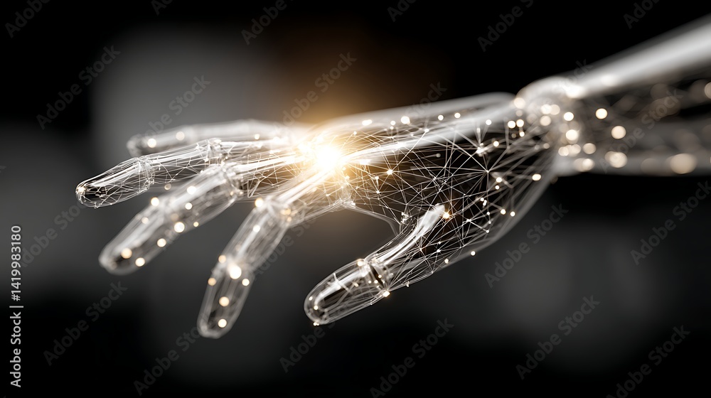 Poster advanced artificial intelligence robot hand design with digital network integration and innovation.