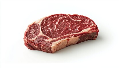 Fototapeta premium A thick, raw ribeye steak with rich marbling lies isolated on a clean white background