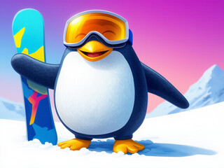 A happy penguin holding a snowboard and wearing goggles.