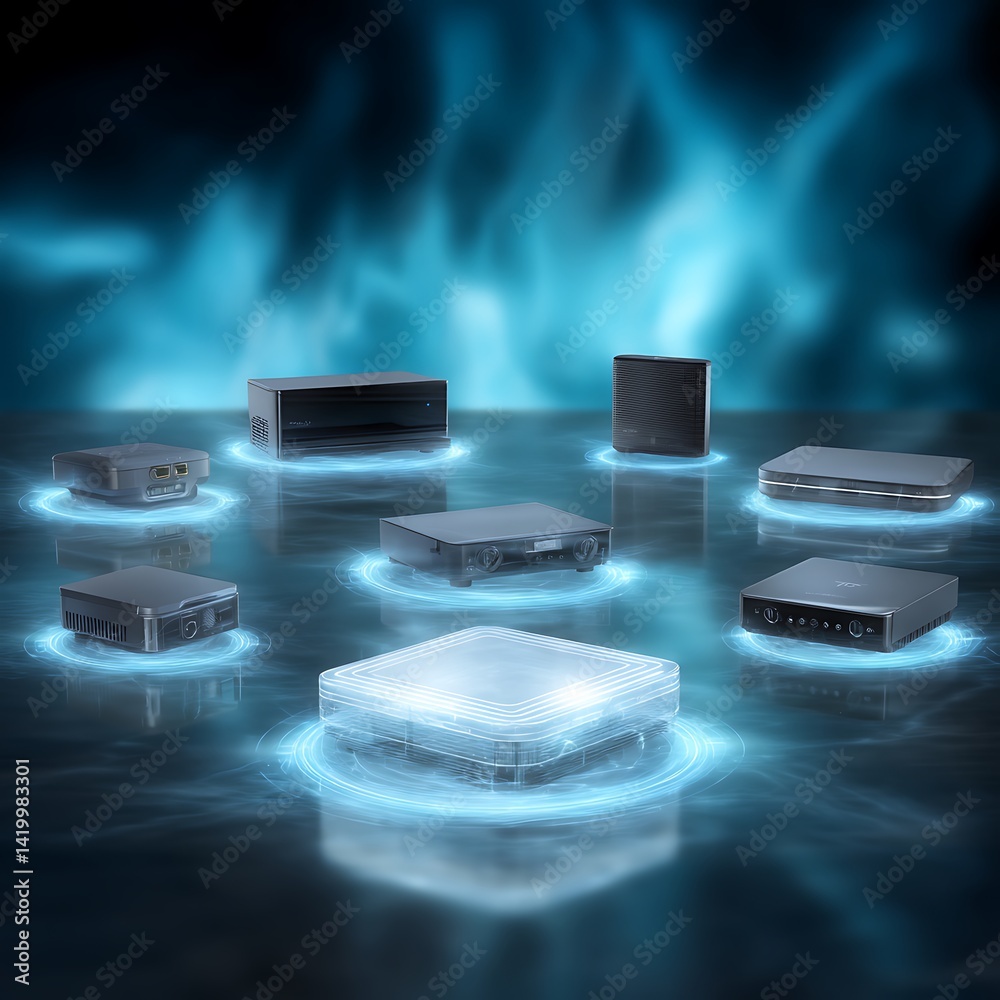 Poster advanced network devices illuminated on a digital platform for modern connectivity solutions.