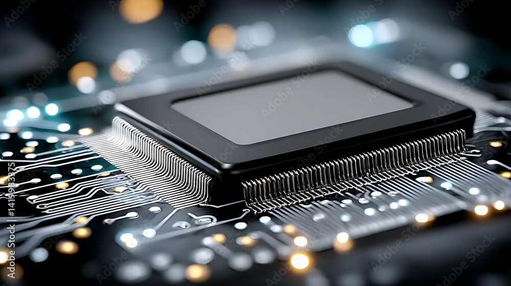 Poster advanced processor on circuit board seamless integration in futuristic design and high technology.