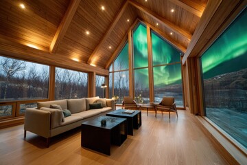 Bright cabin interior with aurora borealis backdrop for nature tourism ads