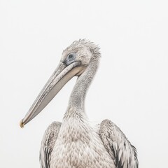 Fototapeta premium Close up of a grey pelican against a bright white background. The pelican's feathers are detailed, and its long beak is prominent.