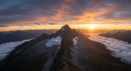 Beautiful aerial landscape of mountain peak at sunset above the clouds - panoramic