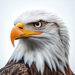 Obraz premium Close up portrait of a bald eagle, its head and neck feathers detailed against a bright white background.