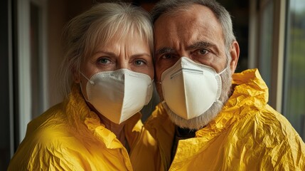Senior couple stand closely to each other stay at home during quarantine wear protective face masks wear yellow clothing look seriously at camera. Health risks pandemic concept. Mature woman and man