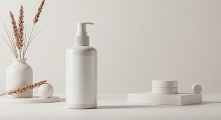 White cosmetic bottle with pump and other objects on a neutral background.