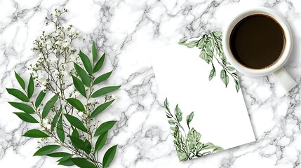 Aesthetic Coffee Cup and Floral Display on Marble Background with Blank Card for Personalized Greeting.