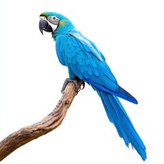 Obraz premium Vibrant blue macaw perched on a weathered branch against a bright white background.