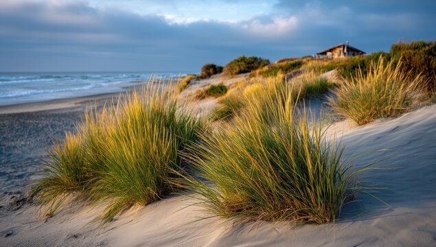 Dunes with grass by the sea with house on horizon for coastal nature landscape