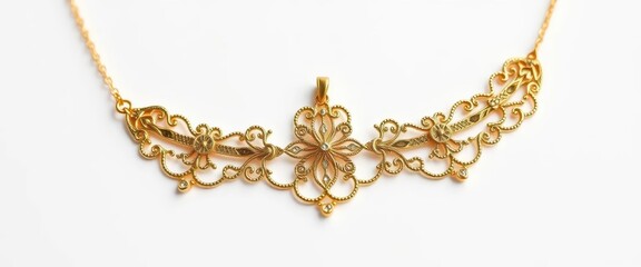 Delicate gold necklace, intricate design, isolated on white, backdrop, craft, accessory
