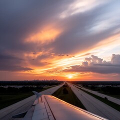 Airplane Wing View During Sunset on Transportation Flight With City Skyline in Background