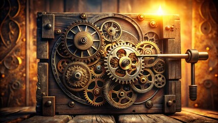 Obraz premium Intricate Clockwork Mechanism in Antique Wooden Case, Golden Gears Interlocking in Complex Design, Showing Precision Engineering and Craftsmanship