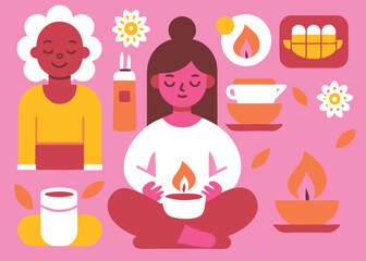Serene Yoga Meditation Scene - Minimalist Flat Colorful Style