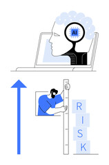 Human-thumbs up AI on a laptop alongside a person measuring stacked RISK blocks with an upward arrow. Ideal for technology, innovation, AI, risk assessment, data analysis, decision-making, simple