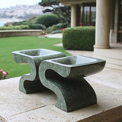 Stone table with glass top sits on a patio with green background.