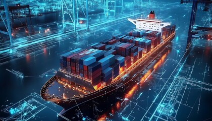Digital Cargo Ship: A dynamic scene presents a cargo ship laden with shipping containers navigating a digital, interconnected port environment, highlighting global trade and logistics.