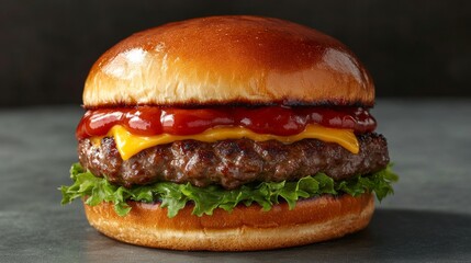 A close-up view of a burger featuring a sesame seed bun, tomato, cheese, and lettuce set against a dark backdrop