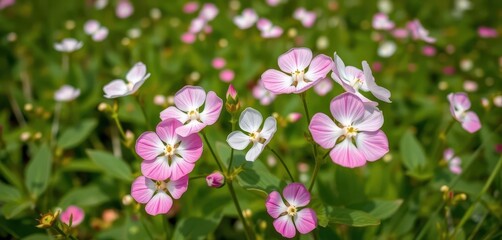 Obraz premium Delicate white and pink Bacopa monnieri blossoms in a field, aromatic flowers, delicate, bloom, daylight