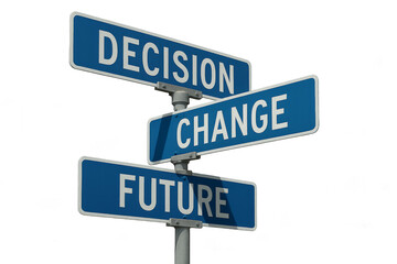 Street signs showing Decision, Change, and Future, metaphor for life choices
