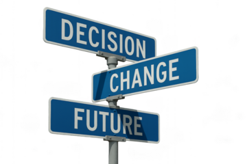 Street signs showing Decision, Change, and Future, metaphor for life choices