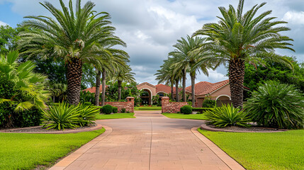 Luxury Home Exterior With Palm Trees And Lush Landscaping