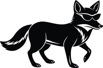 vector illustration of happy cute fox head, fox wearing sunglass silhouette vector illustration, fox walking symbol icon, heroism wearing sunglass funny fox head vector icon on white background.