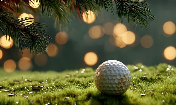 Golf ball on a green moss surface. Blurred lights in background. Pine leaves at top corner. Relaxing golf course scene