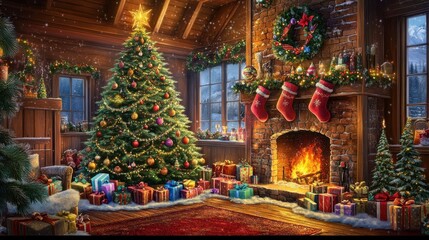 Fototapeta premium An indoor winter setting, with a beautiful christmas tree decorated with ornaments and twinkling lights, a fireplace with hanging stockings, and colorful presents. A festive and warm christmas atmosp