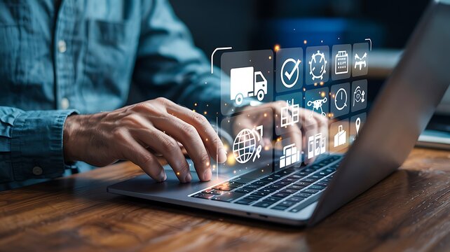 Logistic and transport concept, Businessman using laptop with supply chain technology for logistic management, organizing and controlling resources to meet the needs of customers.