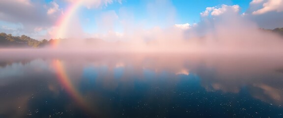 Fototapeta premium Ethereal rainbow mist rises from calm lake, shimmering with pink, blue, gold, glitter , reflection, glow, vapor