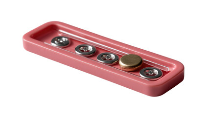 Fototapeta premium Metal Weights for Precision: An up-close, high-angle shot of metal weights arranged in a red tray, offering a simple yet engaging scene