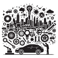 Obraz premium Set of Stylized Car Silhouettes with Creative Urban and Futuristic Elements – Black and White Vector Illustration