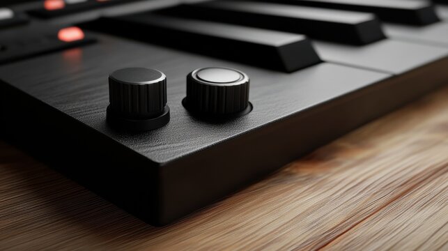 Closeups of a piano, midi controller, or keyboard with adjustable knob on a wooden table. Home studio or music equipment concept.
