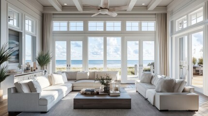 Naklejka premium Bright coastal living room with ocean view and decor