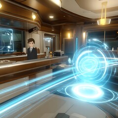 Animated Character at Modern Bar with Glowing Portal Effect Futuristic Scene Aesthetics.